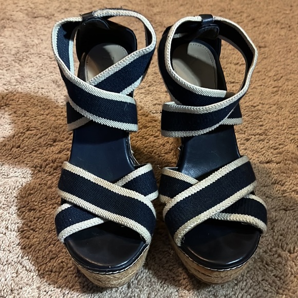 Blue and white wedges espadrille stretch straps size 7.5 - Picture 3 of 5